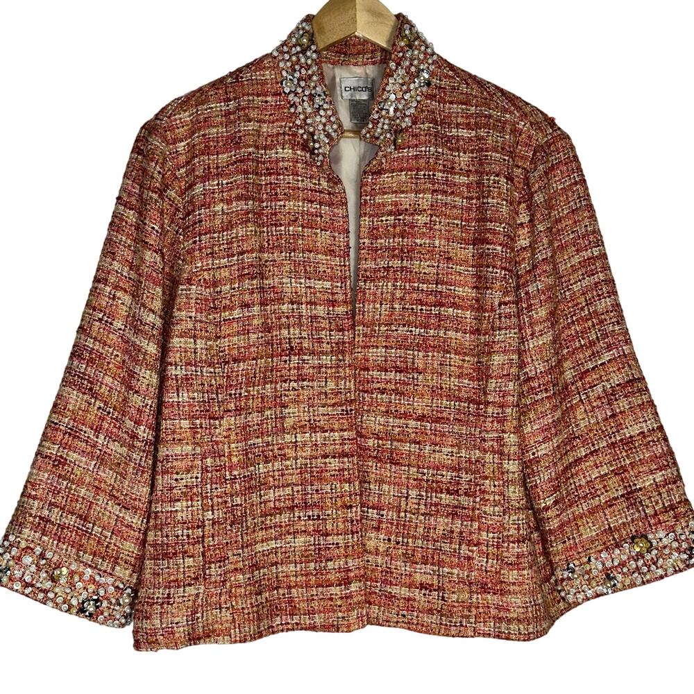 Chicos Tweed Plaid Boucle Jacket Womens 3 Orange Pink Plaid XL